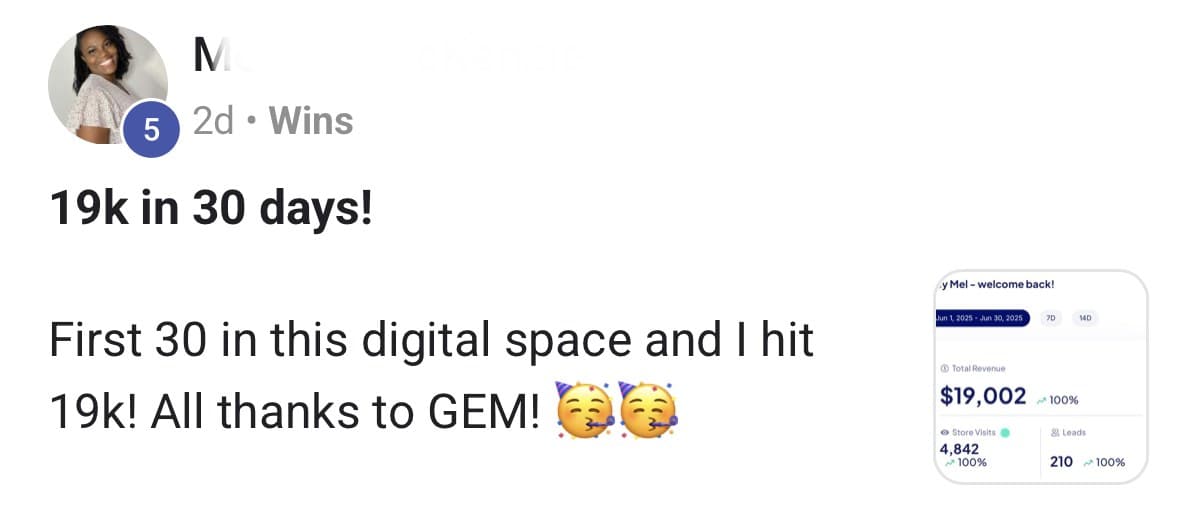 GEM Community post titled 19k in 30 days: First 30 in this digital space and I hit 19k! All thanks to GEM! Attached dashboard shows $19,002 total revenue for June 1 to June 30, 2025.