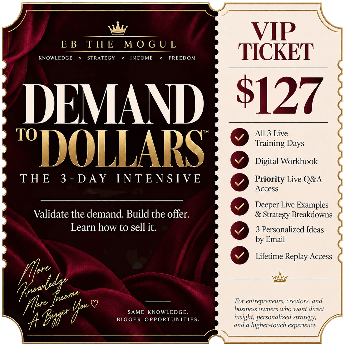 Demand to Dollars VIP Ticket, $127: all 3 live training days, digital workbook, priority live Q&A access, deeper live examples and strategy breakdowns, 3 personalized ideas by email, lifetime replay access